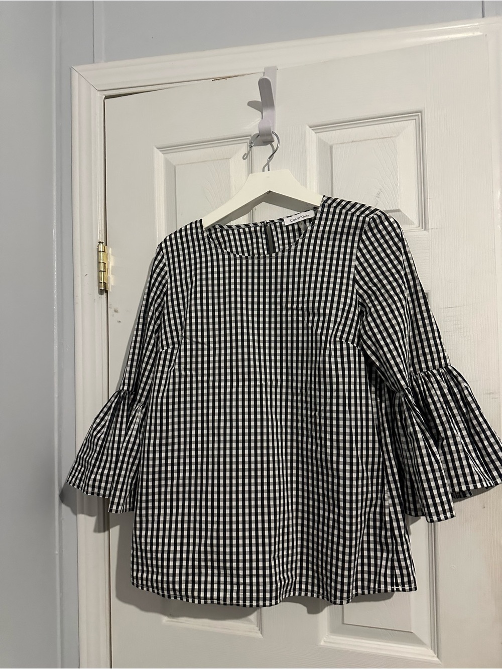 Calvin Klein Black & White Gingham Ruffle Sleeve Blouse